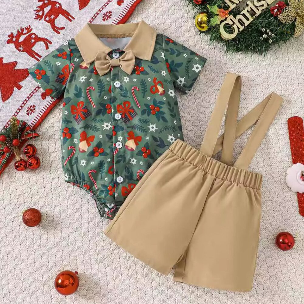 Green Holiday 2pcs Baby Boy Romper & Suspender Short (BC0640)